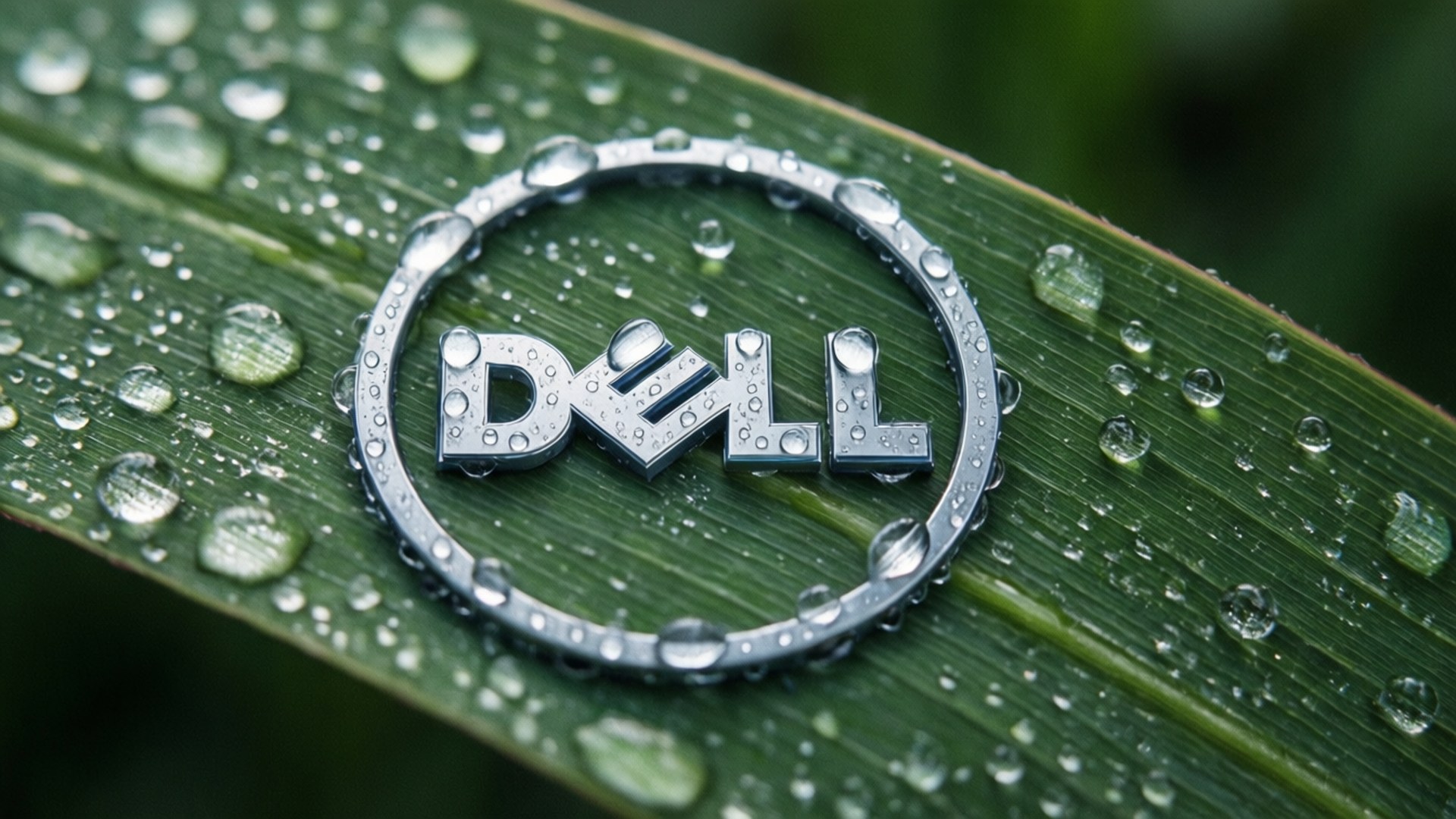 一個Dell標誌在濕潤的綠色葉子上，帶有水珠