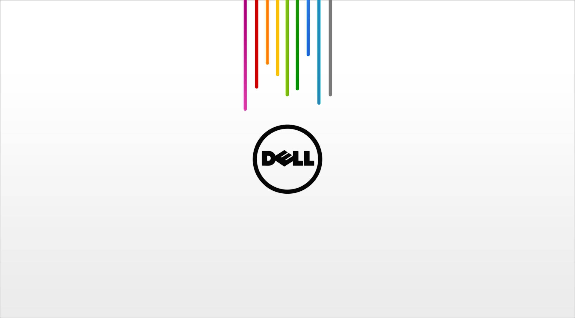 Dell 標誌，彩色線條在淺灰色背景上滴落。