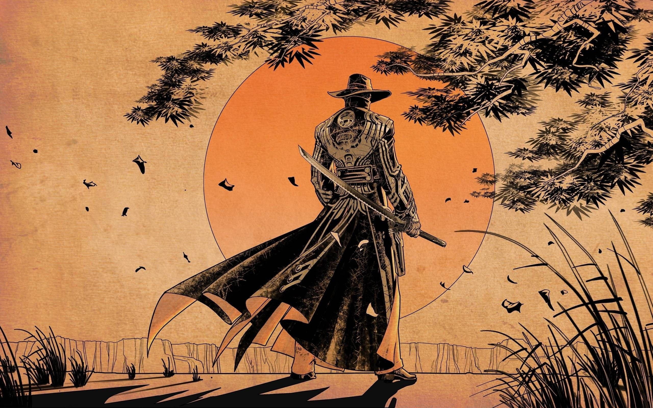 戴牛仔帽的日本武士 壁紙 — 一個孤獨的武士站在巨大的橙色太陽前，形成剪影，周圍環繞著竹枝和落葉。