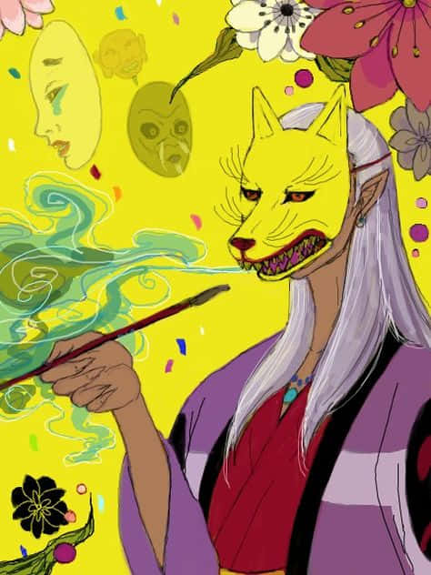 動漫風格戴著狐狸面具的人物身穿長袍，呼出綠色煙霧，伴隨著漂浮的花卉面具。