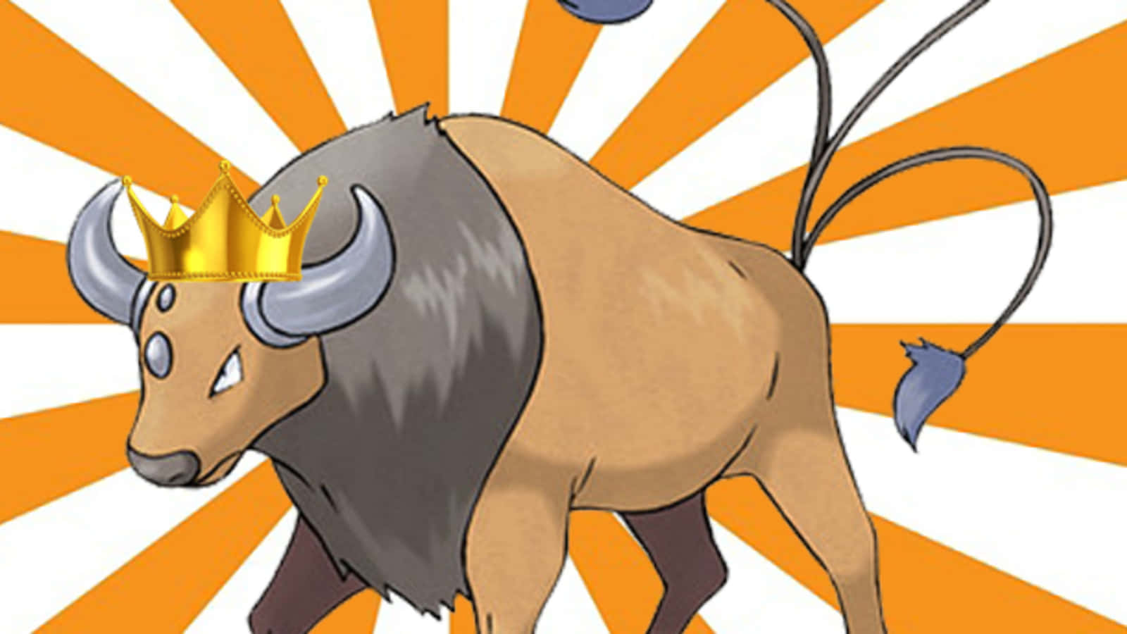 戴皇冠的 Tauros 壁紙 — 一頭卡通野牛戴著金色皇冠，驕傲地站在大膽的橙色和白色太陽爆發背景前。