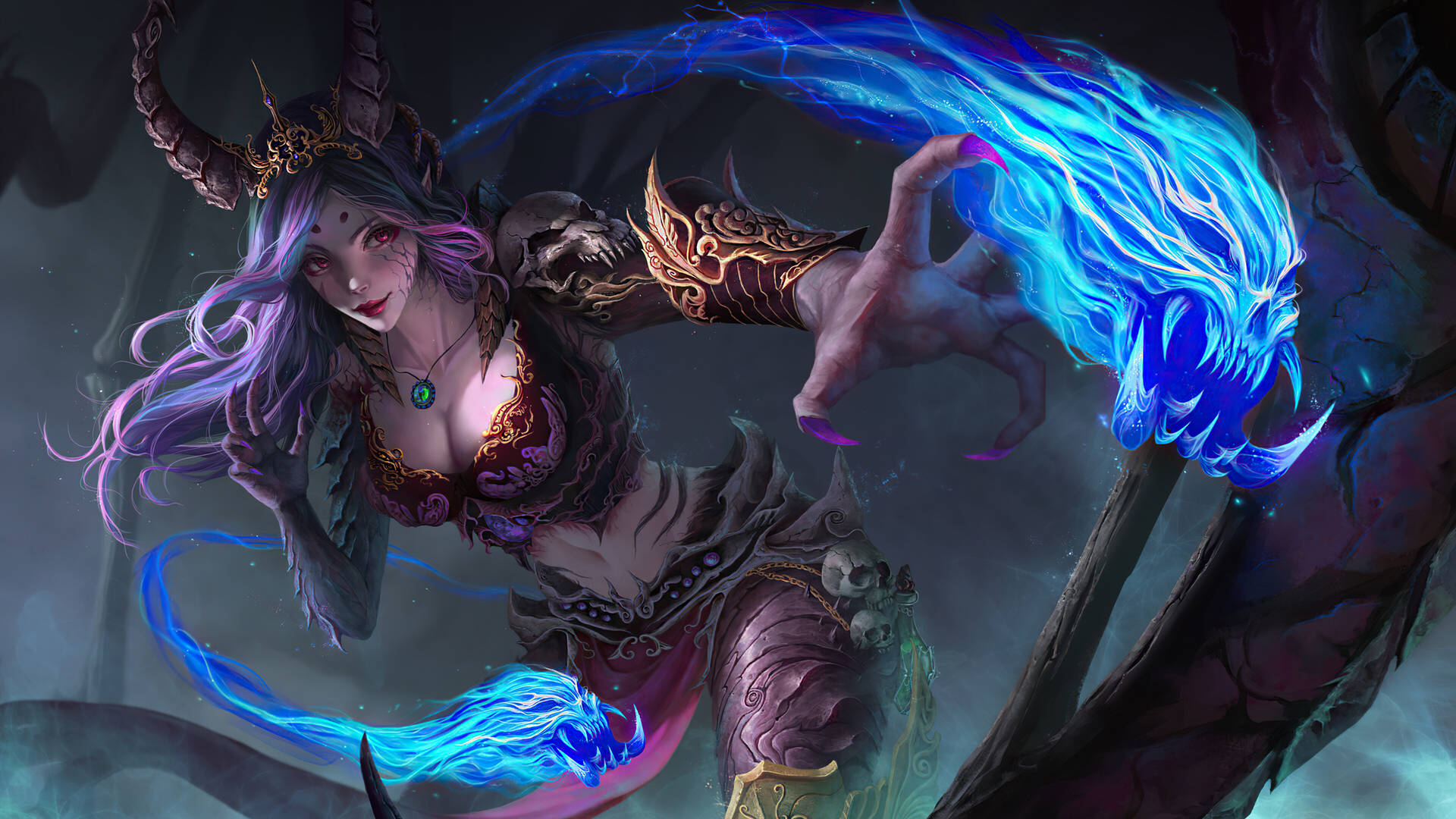 一個帶有角和紫色頭髮的惡魔女性形象引導藍色魔法能量。