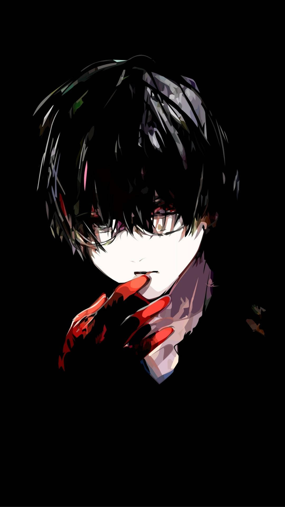 戴眼鏡 Ken Kaneki 東京喰種 iPhone 背景 壁紙 — 一個風格化的動漫角色，深色頭髮，戴紅色手套的手靠近嘴巴，背景為黑色。