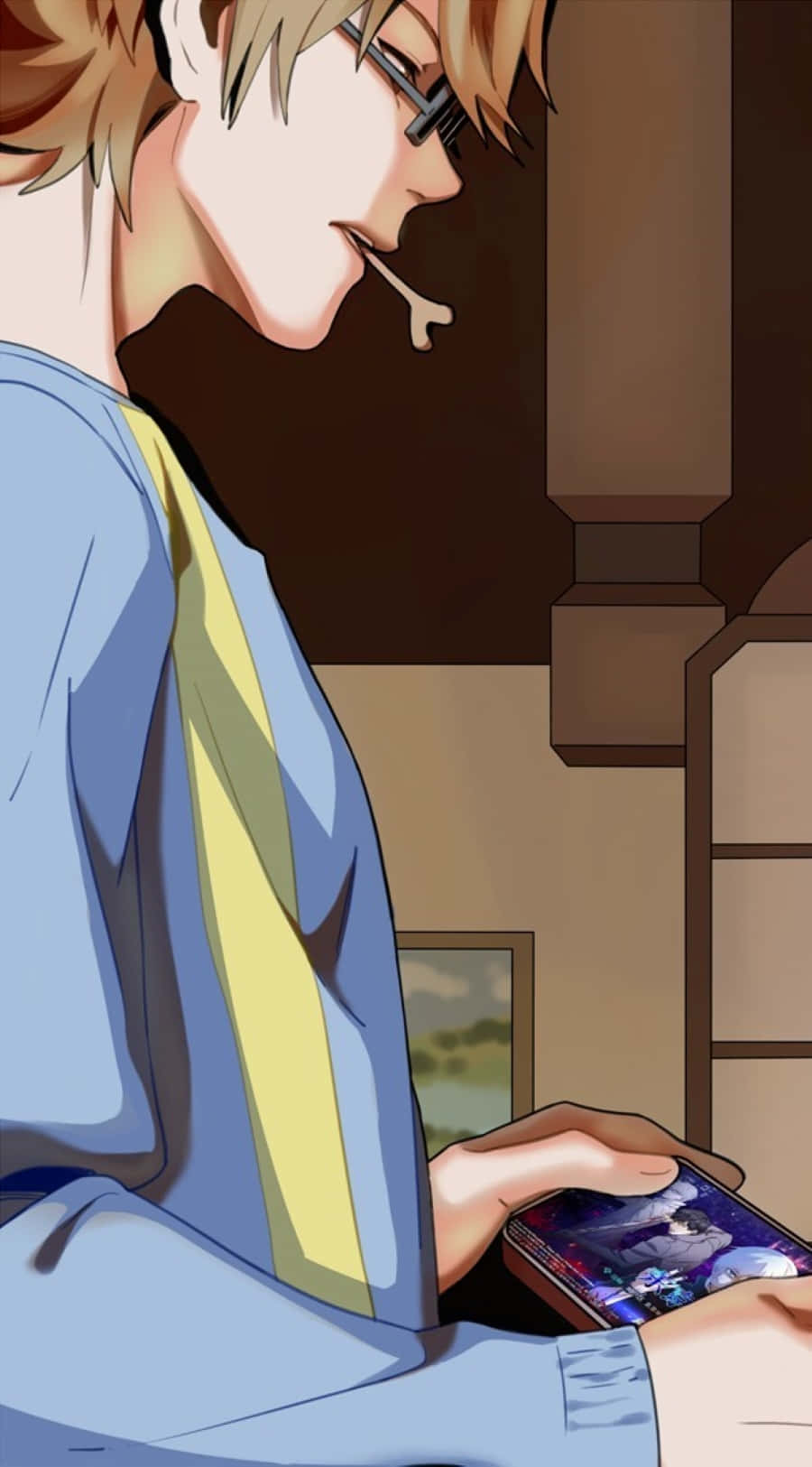 Nishiki Nishio 桌布 壁紙 — 戴眼鏡、嘴裡叼著牙籤的動漫男孩在昏暗的房間裡玩手機遊戲。