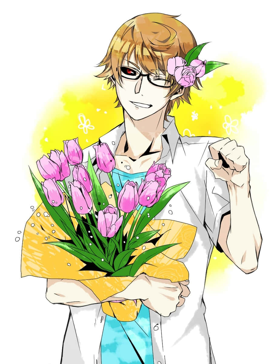 Nishiki Nishio 桌布 壁紙 — 戴眼鏡、頭髮上插著粉紅色鬱金香的動漫男孩，在發光的黃色背景前拿著花束。