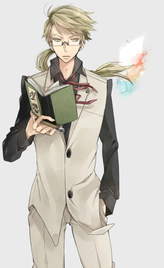 Kunikida 桌布 壁紙 — 戴眼鏡和馬尾辮的動漫男孩拿著一本書，同時彩色油漆飛濺從他的肩膀爆發出來。