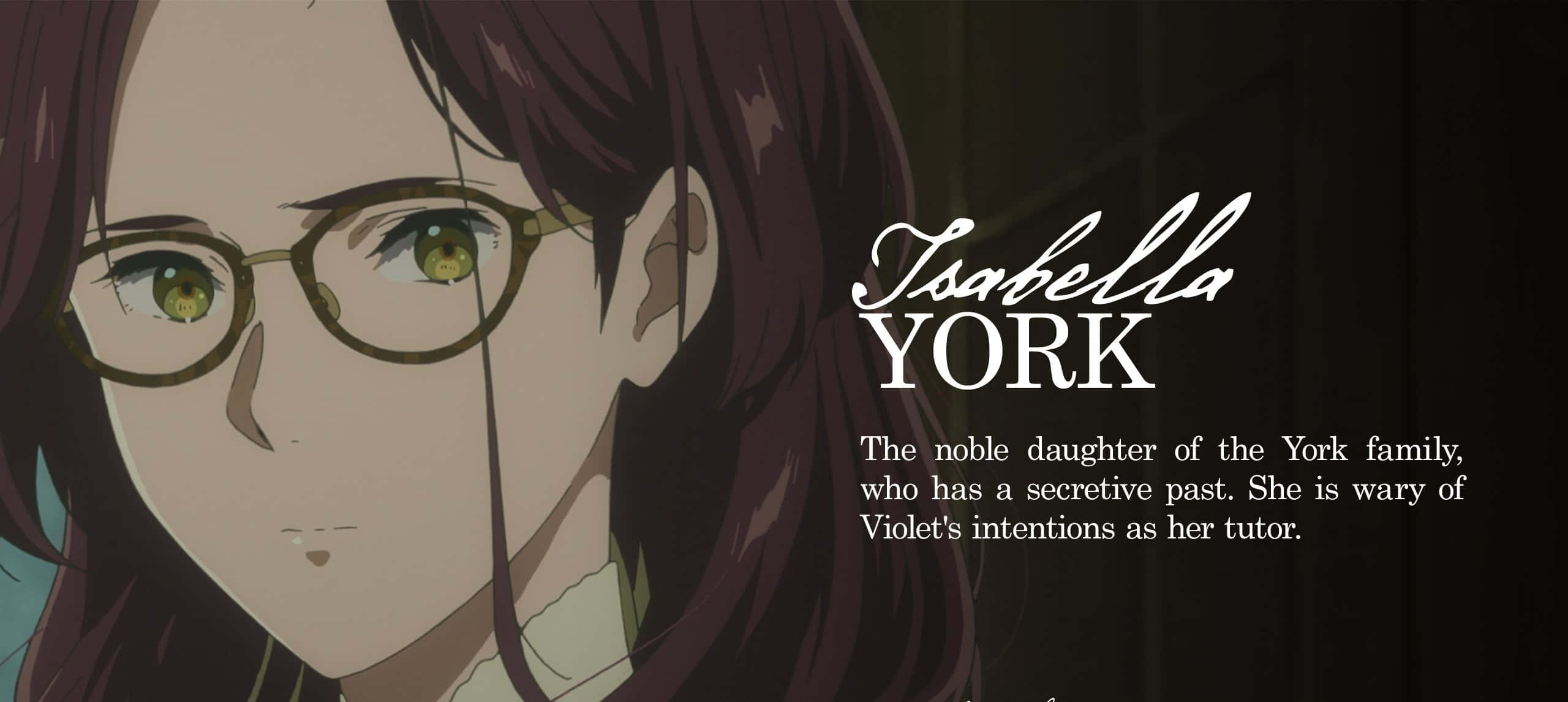 Isabella York 桌布 壁紙 — 戴眼鏡深色頭髮年輕女性的特寫動畫肖像，深色背景上帶有文字疊加。