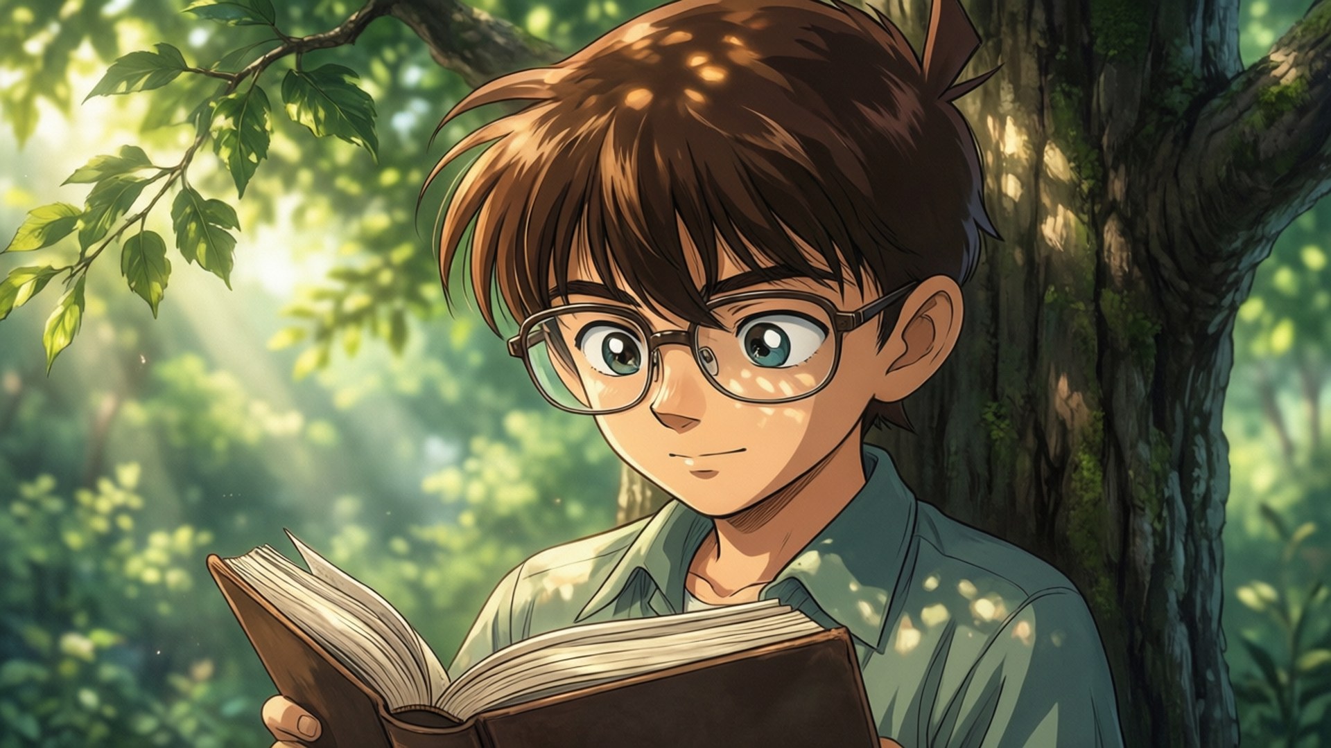 戴眼鏡的小男孩在陽光明媚的森林裡看書
