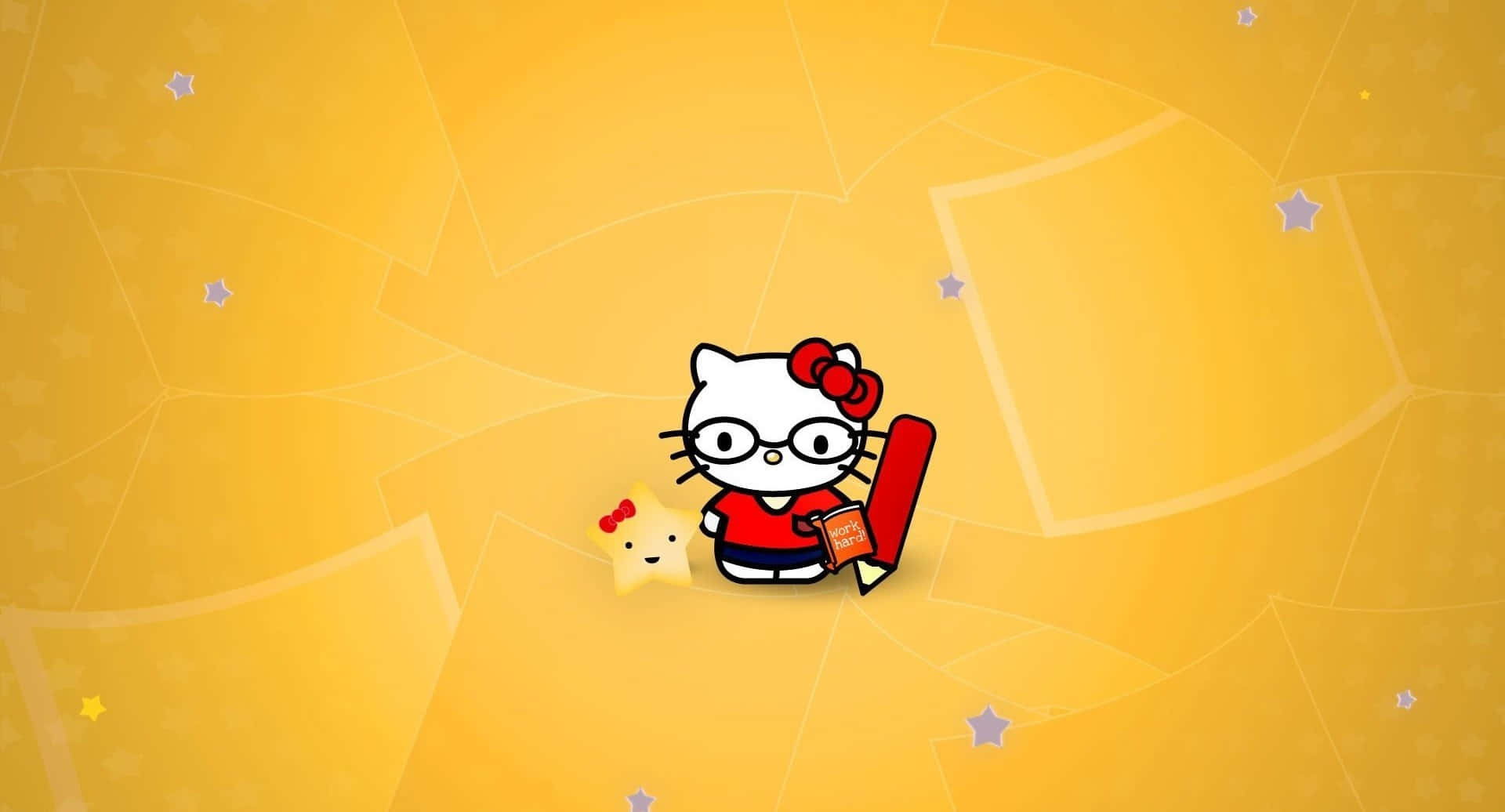 Nerd 桌布 壁紙 — 戴眼鏡的Hello Kitty在金色幾何星形背景前，拿著一本紅色書本，旁邊有一顆微笑的星星。