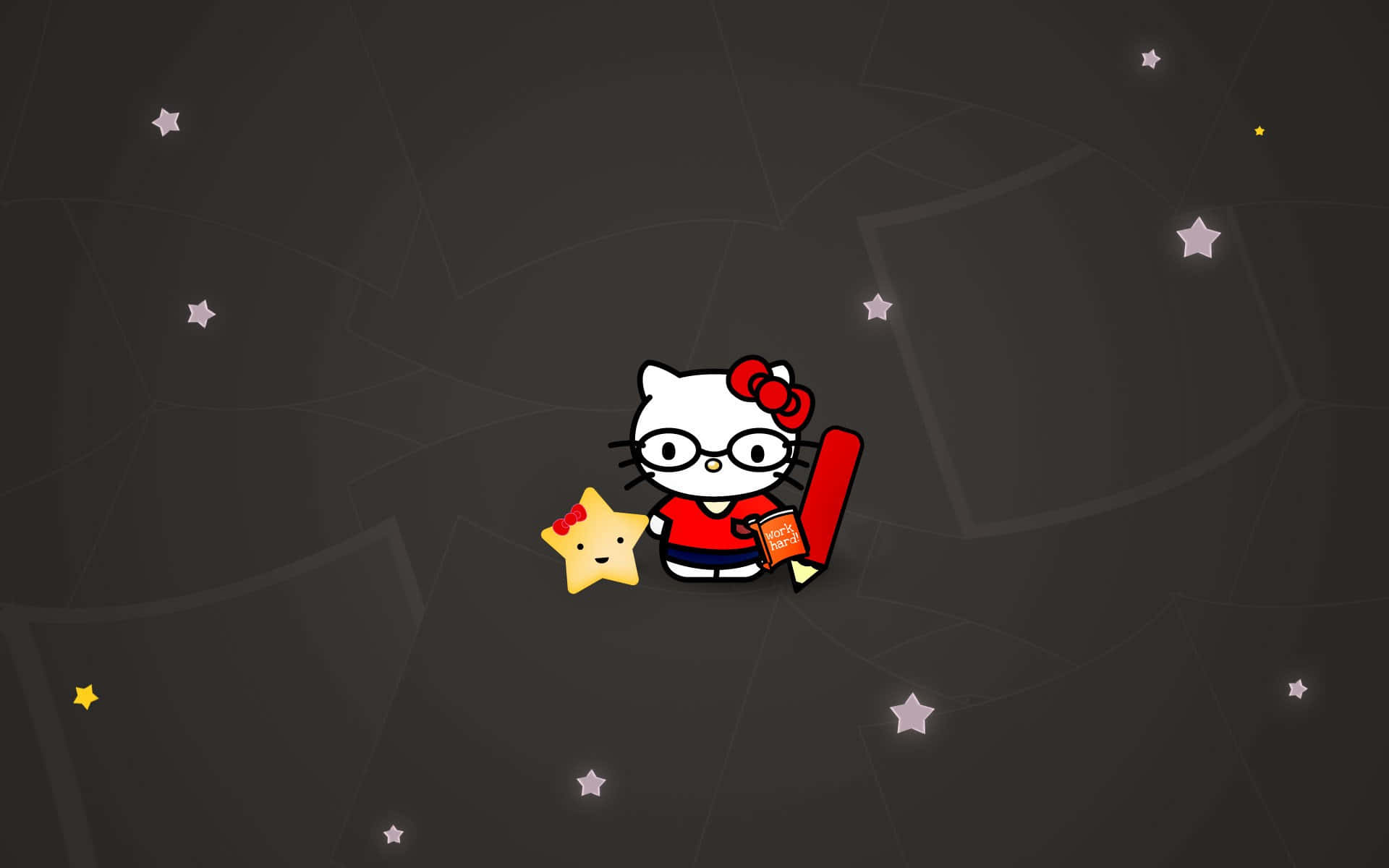 Kitty White 桌布 壁紙 — 戴眼鏡的Hello Kitty在深色幾何星形背景上拿著一顆星星和紅色鉛筆。