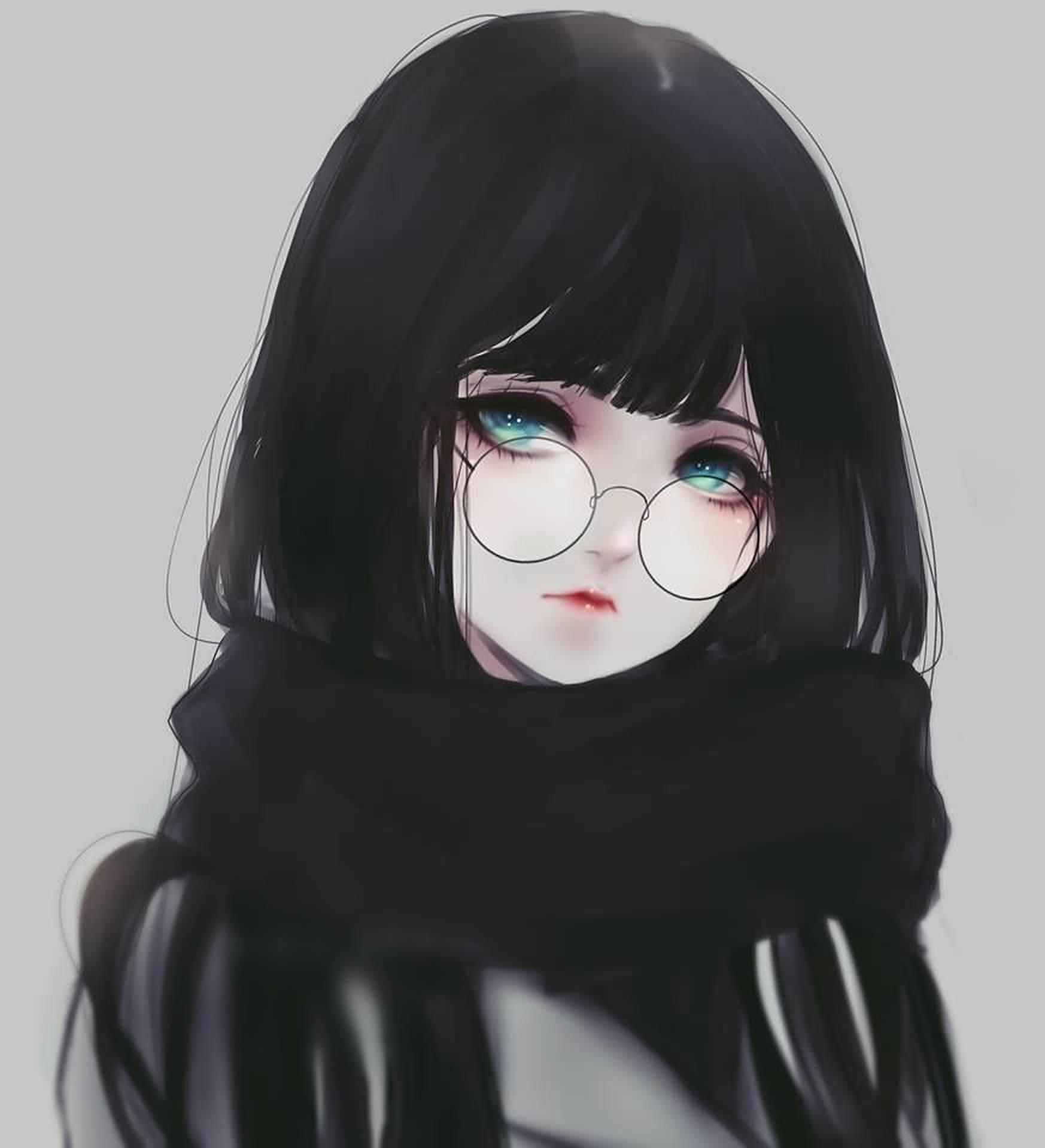 黑髮戴眼鏡的動漫女孩，戴著黑色圍巾。