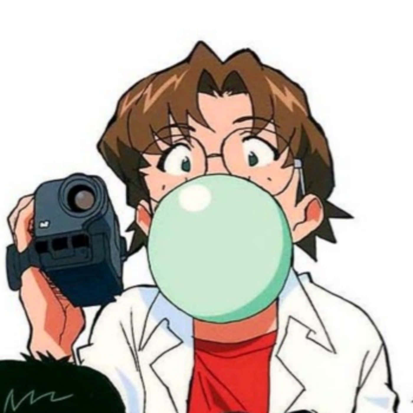 Kensuke Aida 桌布 壁紙 — 戴眼鏡的動漫角色在純白色背景前，一邊拿著相機，一邊吹出一個巨大的綠色泡泡糖泡泡。