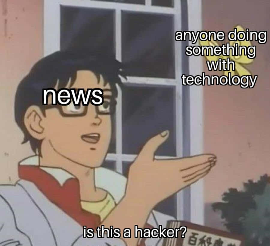 Cybersecurity Memes 桌布 壁紙 — 戴眼鏡的動漫角色驚訝地做手勢，文字標籤他為「新聞」並問他是否黑客。