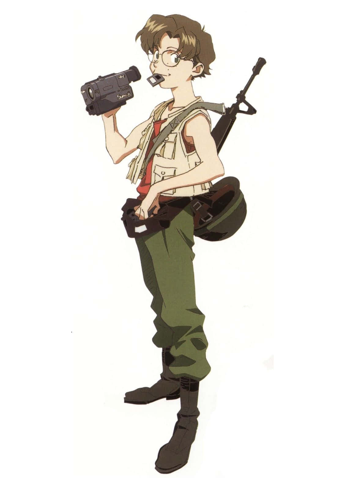 Kensuke Aida 桌布 壁紙 — 戴眼鏡的動畫男孩，身穿軍裝，手持攝錄機和步槍，背景為白色。