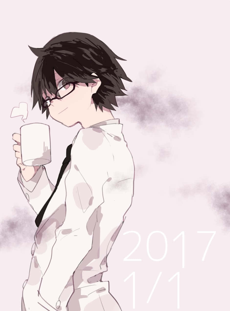 Shinra Kishitani 桌布 壁紙 — 戴眼鏡的動畫男孩在柔和的粉紅色背景上，有煙霧和日期文字，從杯子裡啜飲。