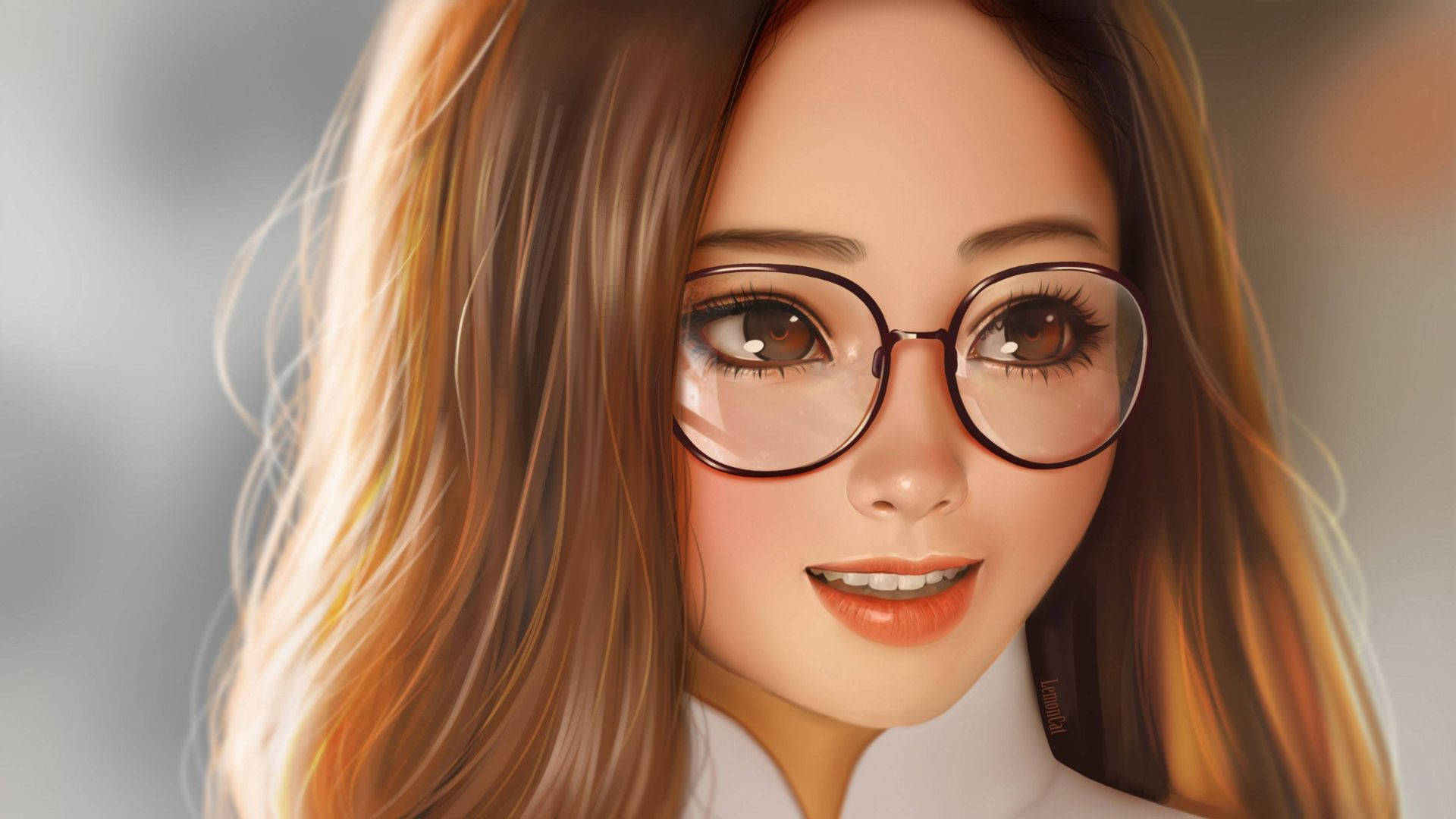戴眼鏡、擁有溫暖頭髮的年輕女性在工作室肖像中輕柔微笑。