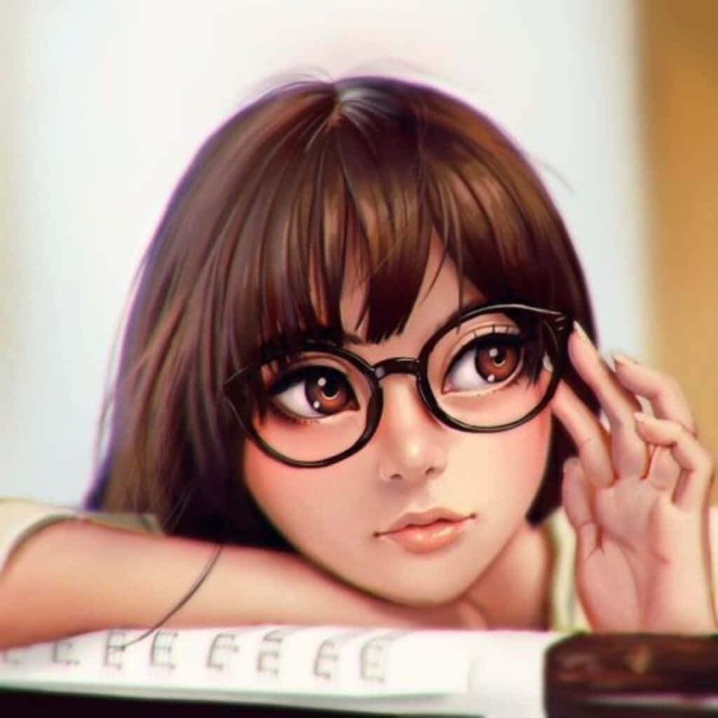 戴眼鏡的可愛數位女孩側影頭像 壁紙 — 一個年輕的動漫女孩，棕色頭髮戴眼鏡，將頭靠在筆記本上，若有所思地看著觀眾。