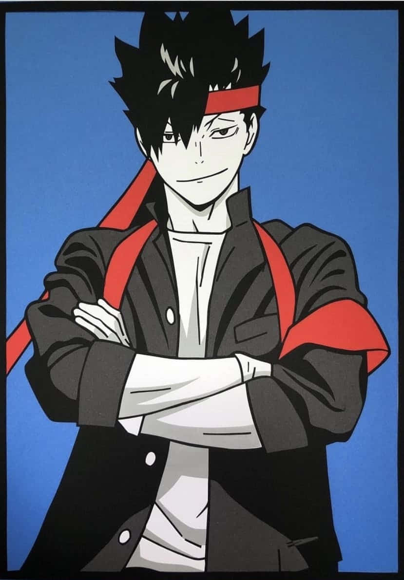 戴眼鏡的快樂動漫男孩慶祝時刻 壁紙 — 一個自信的動漫角色，有著刺蝟般的黑色頭髮和紅色頭帶，雙臂交叉站在純藍色背景前。