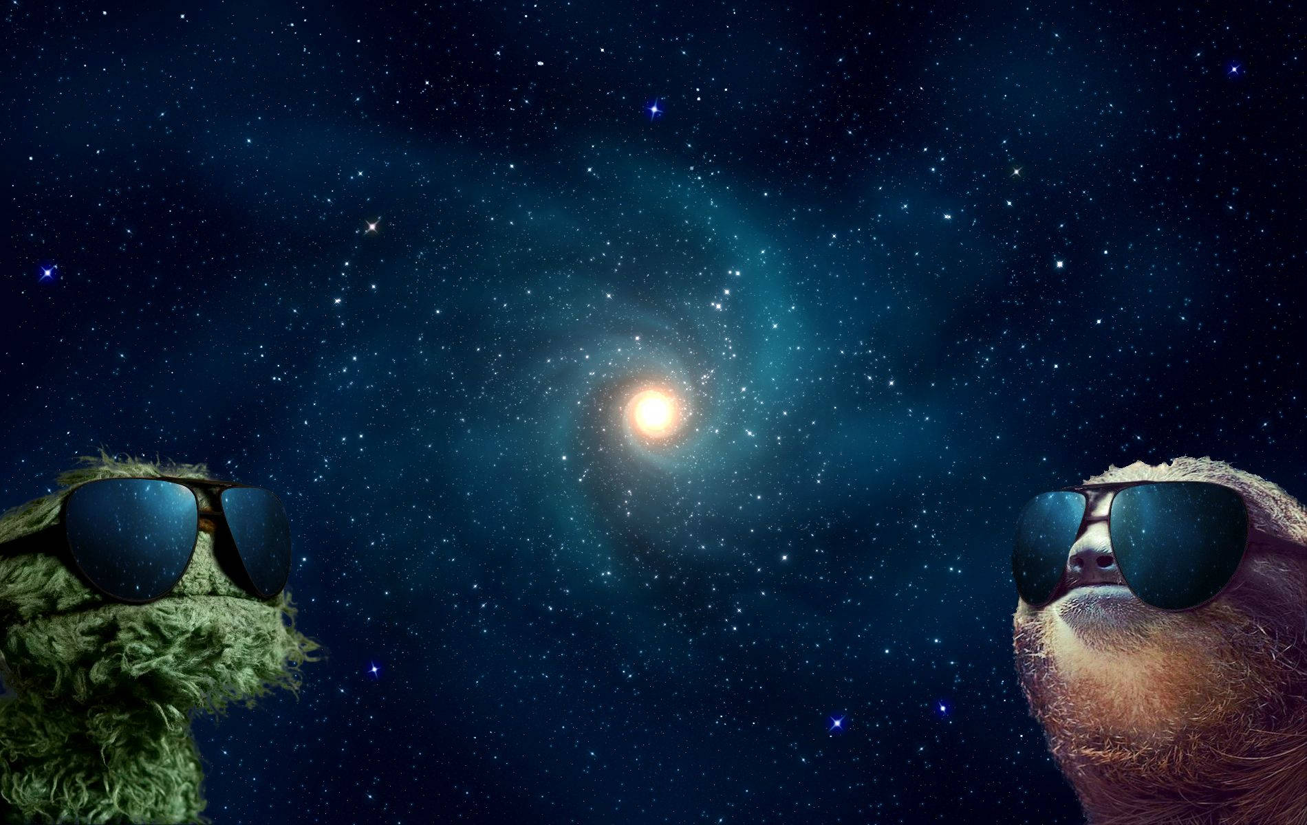 兩隻戴太陽眼鏡嘅樹懶喺太空睇住一個螺旋星系。