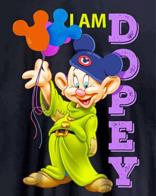 卡通Dopey拿著米奇氣球，上面寫著「I AM DOPEY」。
