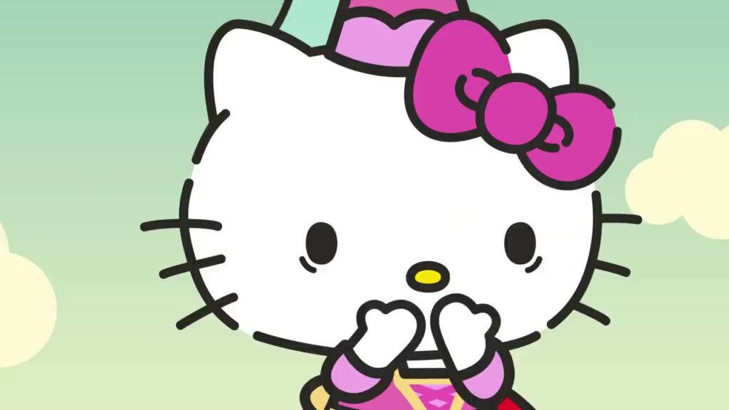 戴粉帽Hello Kitty頭像 壁紙 — Hello Kitty 戴住粉紅色派對帽同蝴蝶結，喺柔軟嘅綠色天空同 fluffy 雲朵下開心咁微笑。