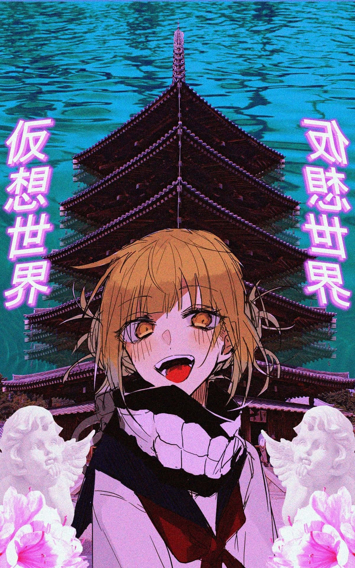 戴粉紅色帽、拎粉紅色花嘅女仔 壁紙