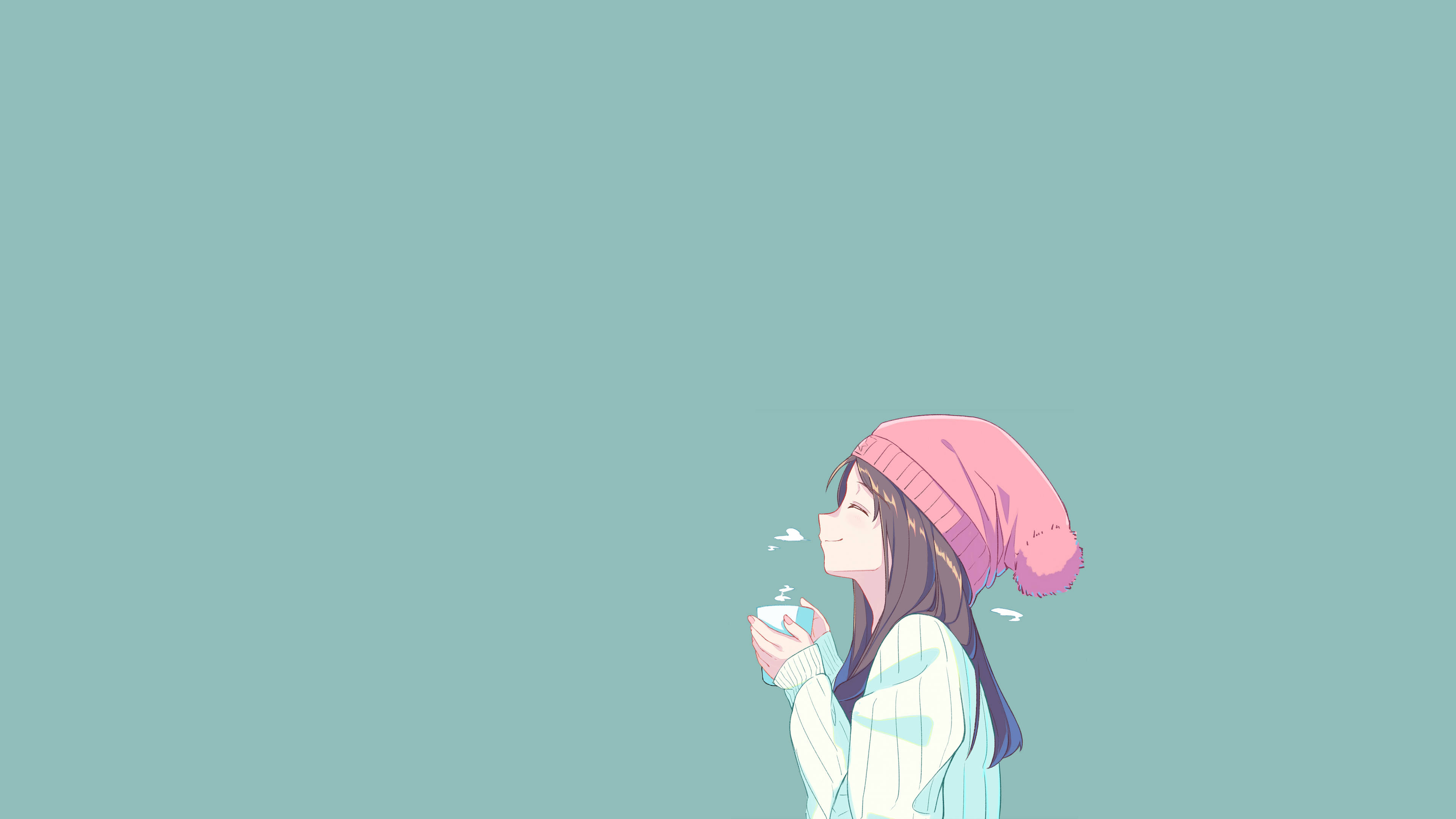 戴粉色帽頭像 壁紙 — 一個微笑的動漫女孩，戴著粉紅色無邊帽和輕薄毛衣，對著純青色背景從杯子裡吹出溫暖的蒸氣。