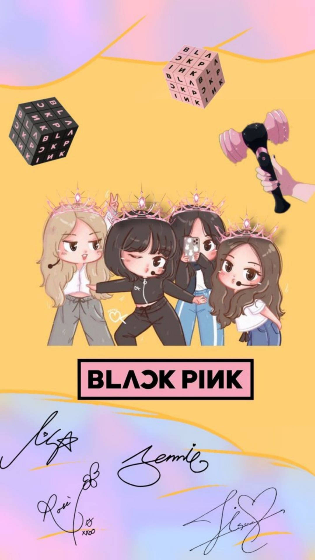Black Pink Q版角色戴著皇冠和道具，在粉彩漸變背景上附有簽名。