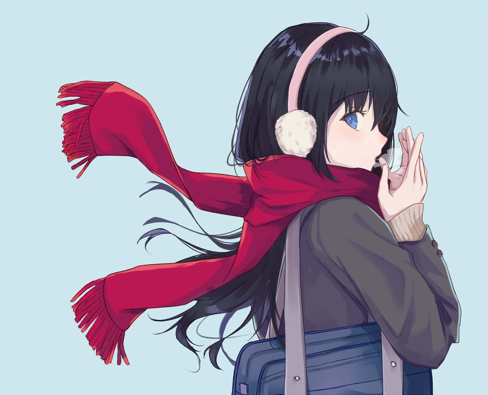 冬季裝扮的動漫女孩，戴著紅色圍巾和耳罩，雙手放在嘴邊。