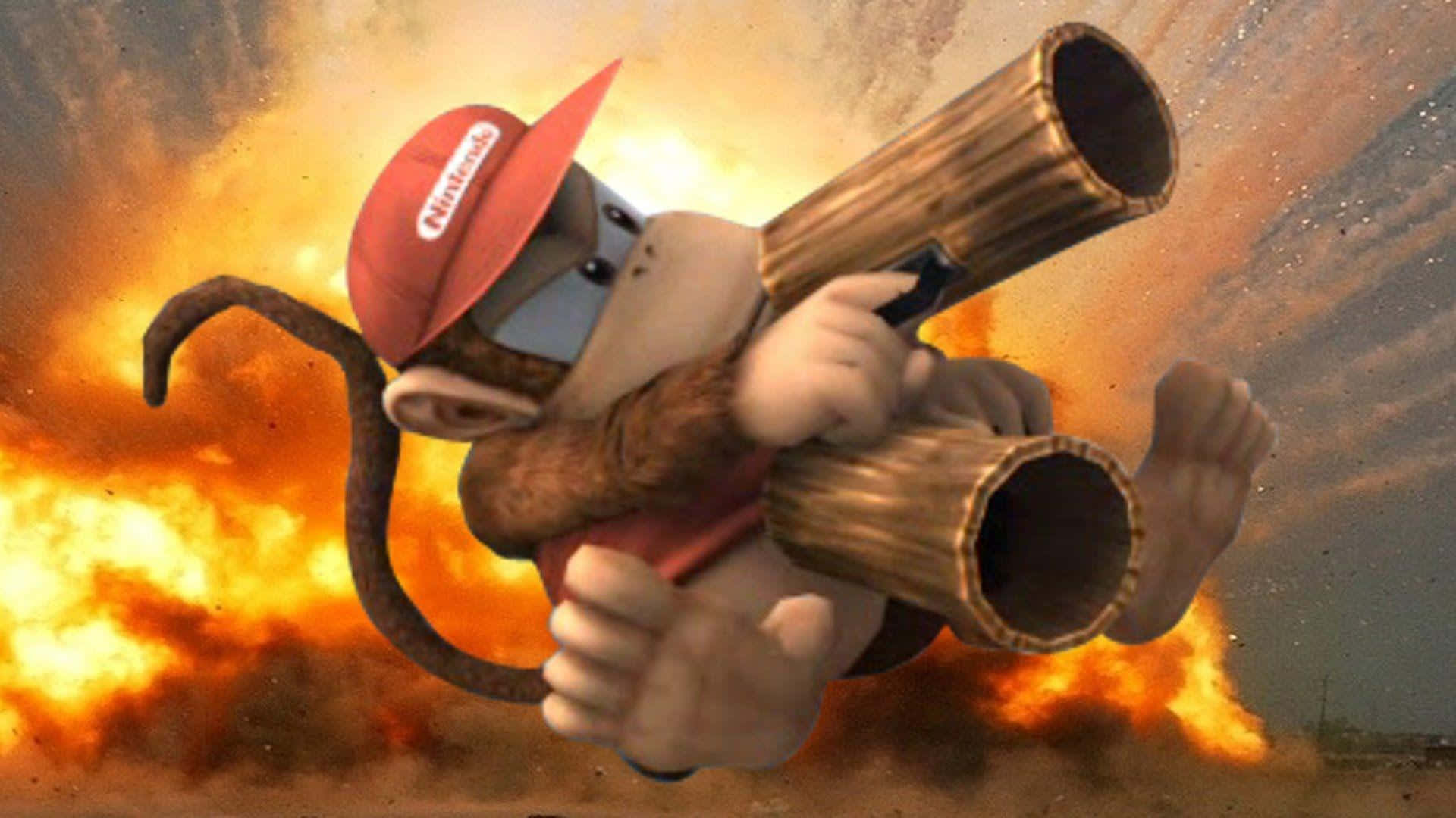 Diddy Kong 桌布 壁紙 — 戴紅帽嘅Donkey Kong喺火焰爆炸背景下揮舞木桶。