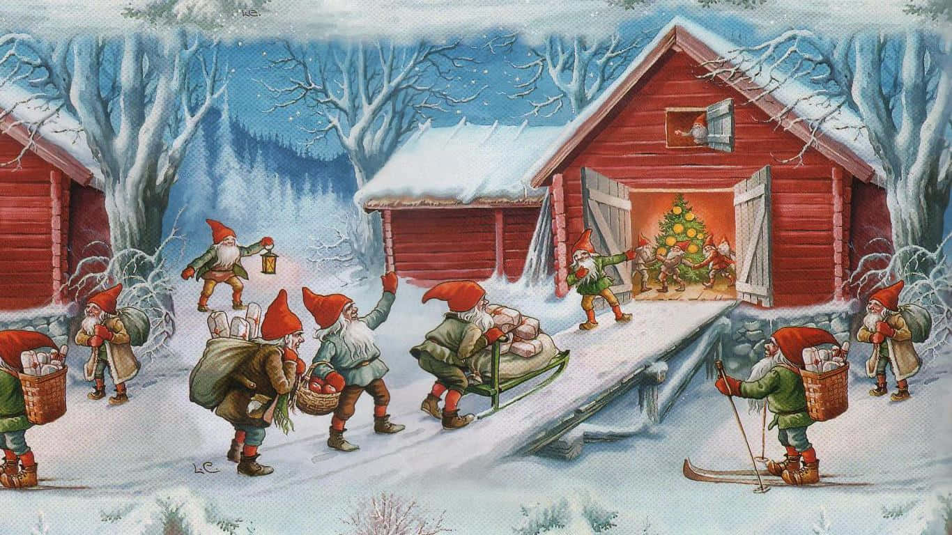 Vintage Christmas 桌布 壁紙 — 戴紅帽的小矮人帶著禮物和雪橇穿過雪地森林，走向一間紅色穀倉，裡面有溫暖發光的聖誕樹。