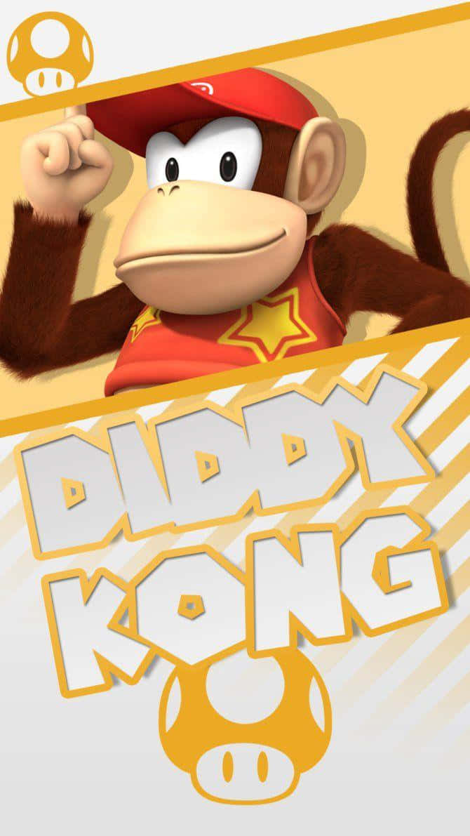 Diddy Kong 桌布 壁紙 — 戴紅色帽子和背心的Diddy Kong在黃色條紋背景上向上指，他的名字以粗體風格文字顯示。