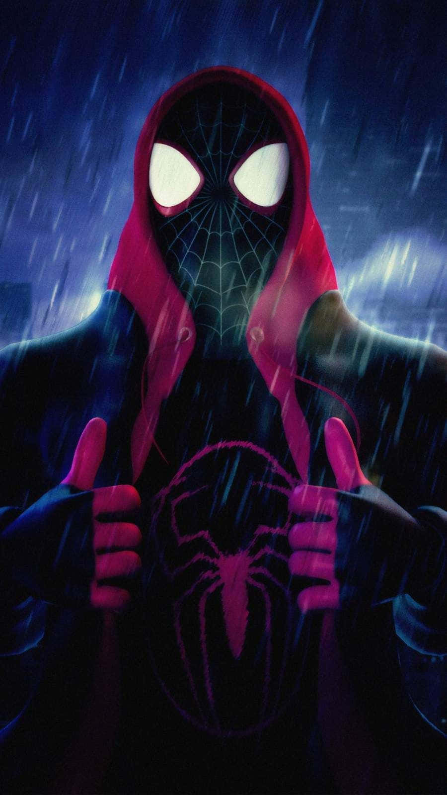 Miles Morales 動漫 桌布 壁紙 — 戴紅色連帽衫的蜘蛛俠在霓虹雨下豎起拇指，眼睛發光，背景是黑暗的城市。