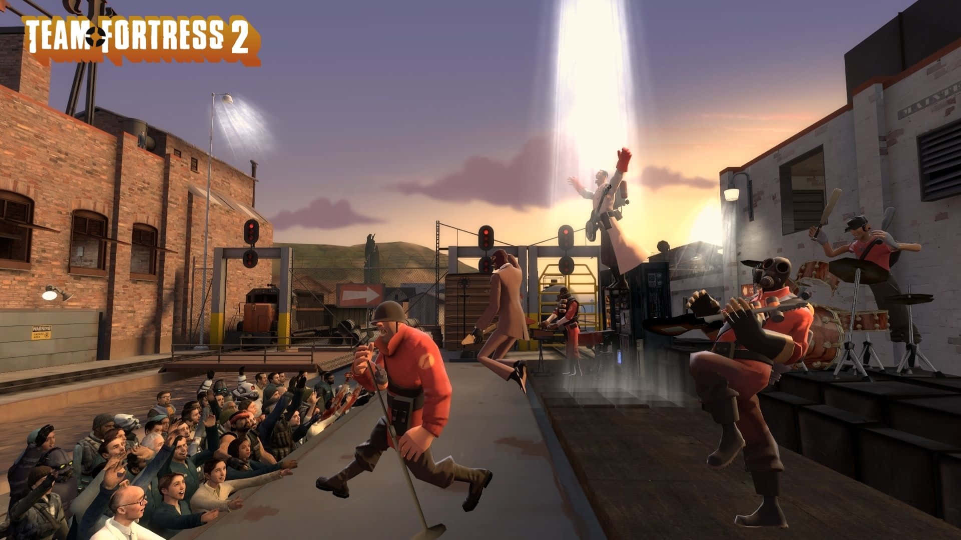 《Team Fortress 2》角色在日落時分為歡呼的人群表演一場熱鬧的音樂會。
