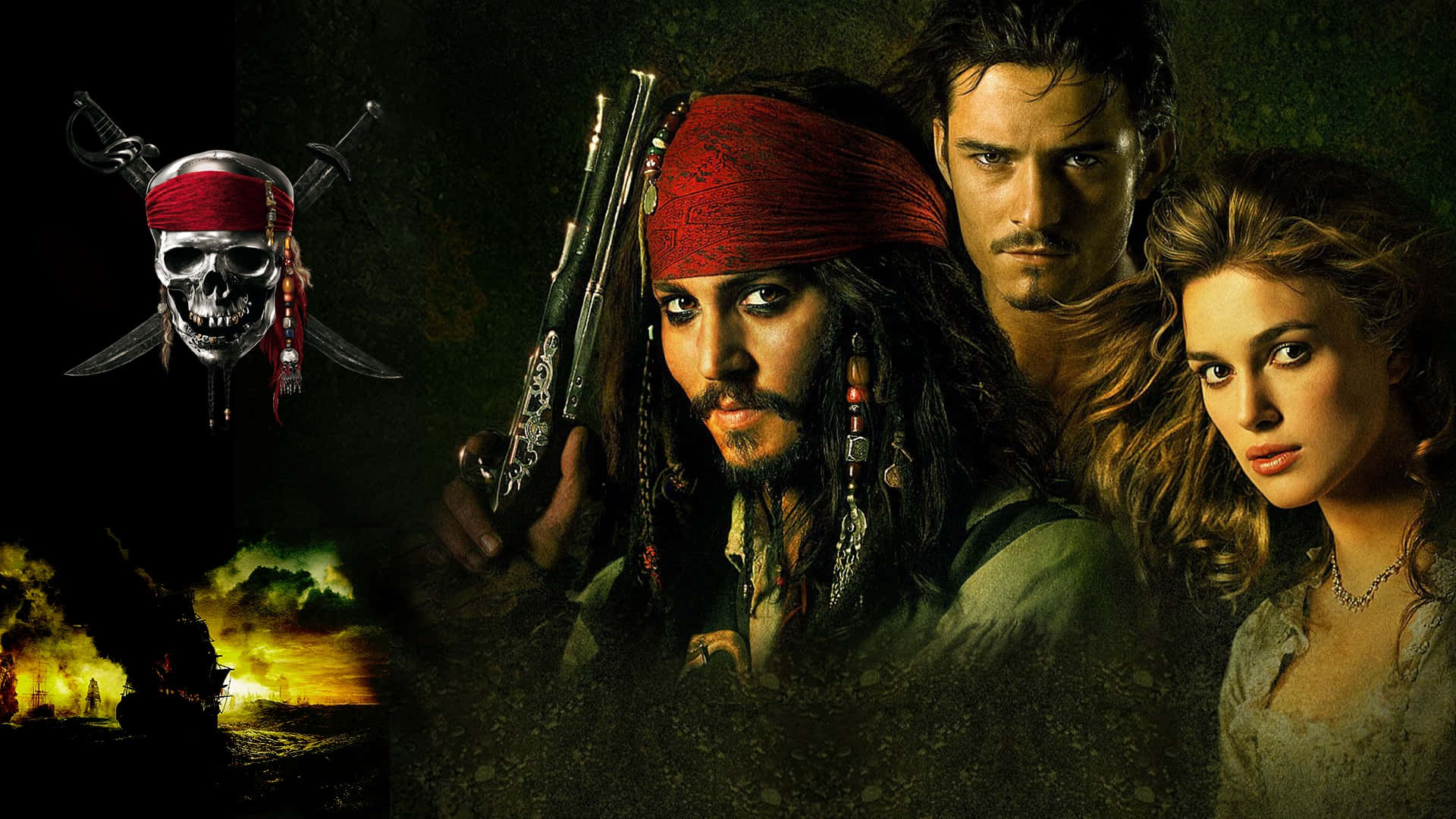 Pirates Of The Caribbean 桌布 壁紙 — 戴紅色頭巾的海盜船長手持手槍，兩名同伴在燃燒的船戰背景下凝視著。