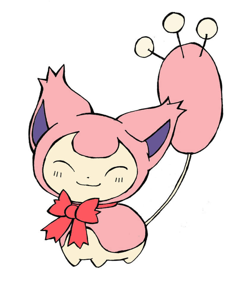 戴紅蝴蝶結的Skitty 壁紙 — 一隻開心嘅粉紅色動畫風格寵物小精靈，帶住紅色蝴蝶結同天線狀尾巴，喺純白色背景上快樂咁漂浮。