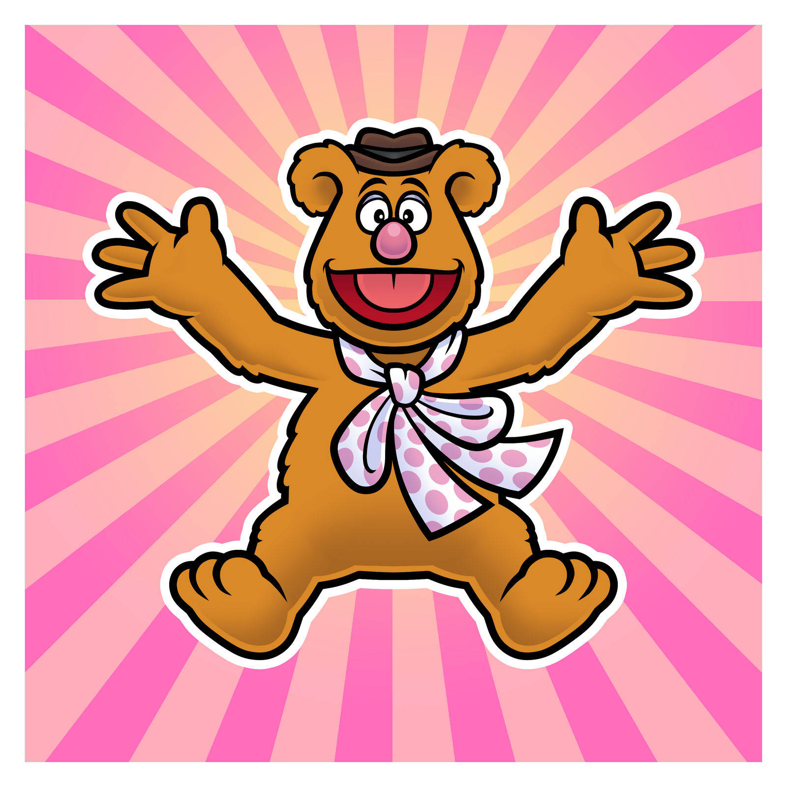 戴紫色圍巾的 Fozzie Bear 壁紙 — 一隻戴著帽子和圓點圍巾的開心卡通熊，在充滿活力的粉紅色陽光背景下歡快地跳躍。