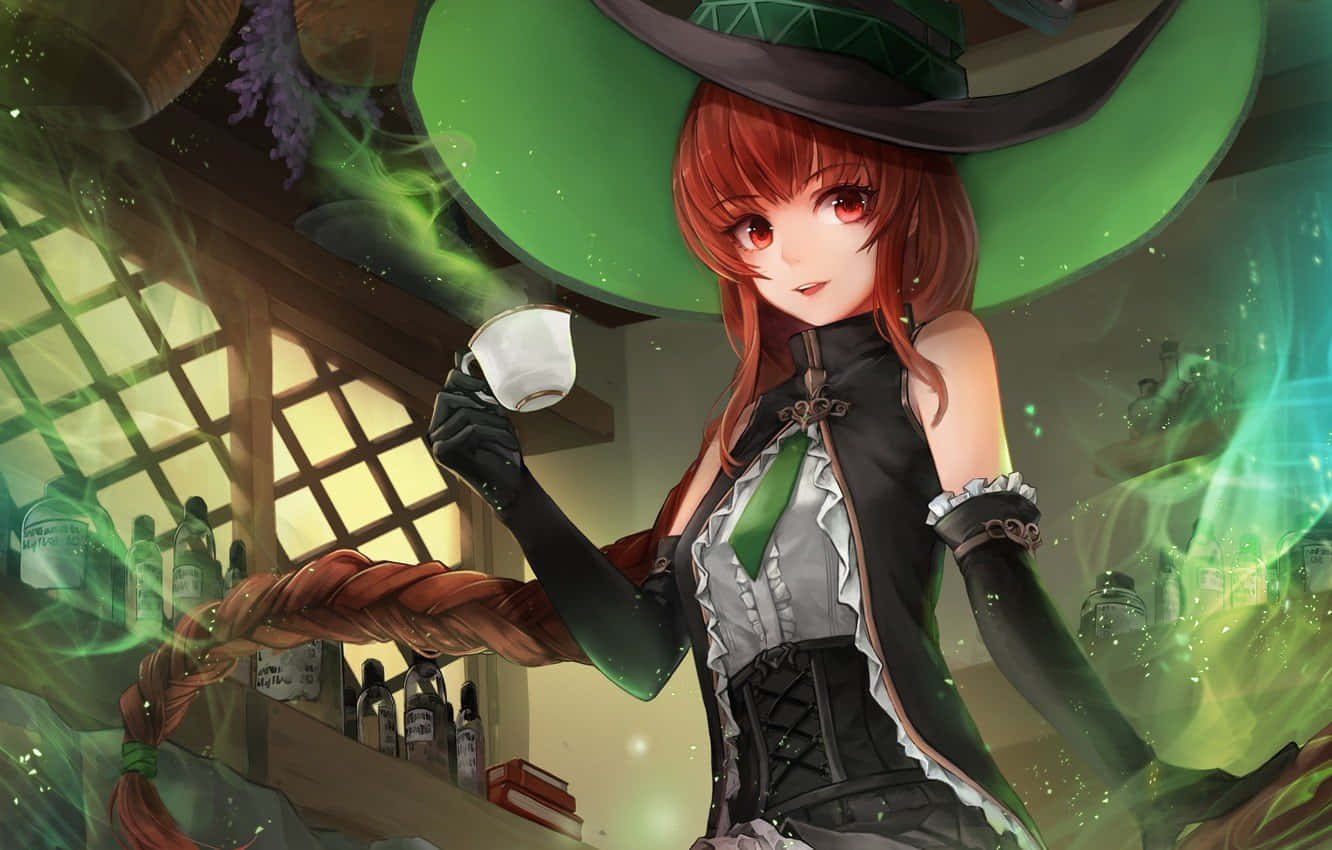 戴綠色帽子和巫師帽的女孩 壁紙