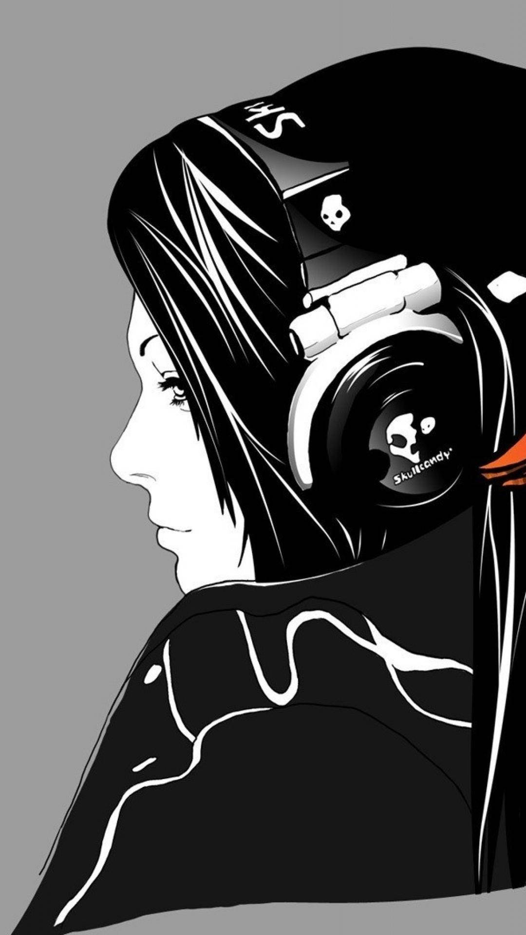 黑白插圖中戴著Skullcandy耳機的動漫女孩。