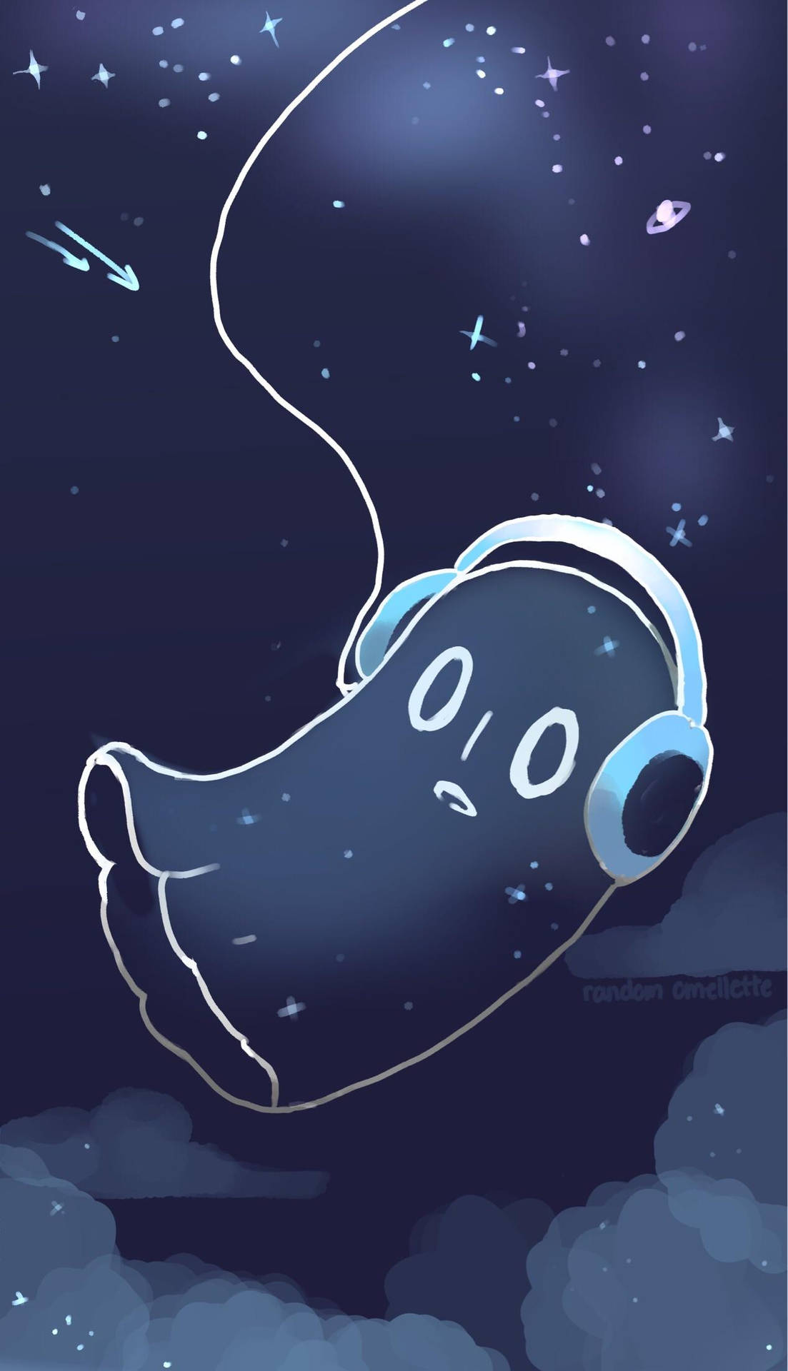 一個戴著耳機的幽靈在雲層之上的星空夜空中漂浮。