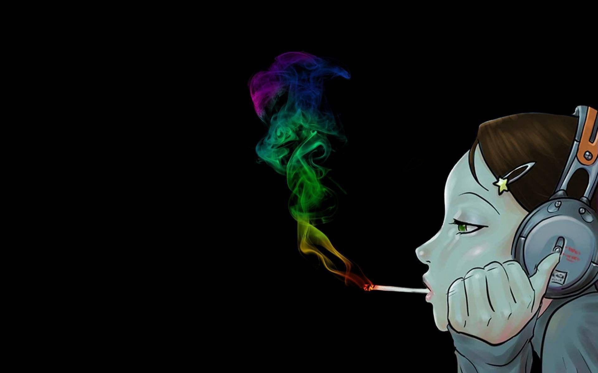 戴耳機的女孩在黑色背景上呼出彩虹煙霧