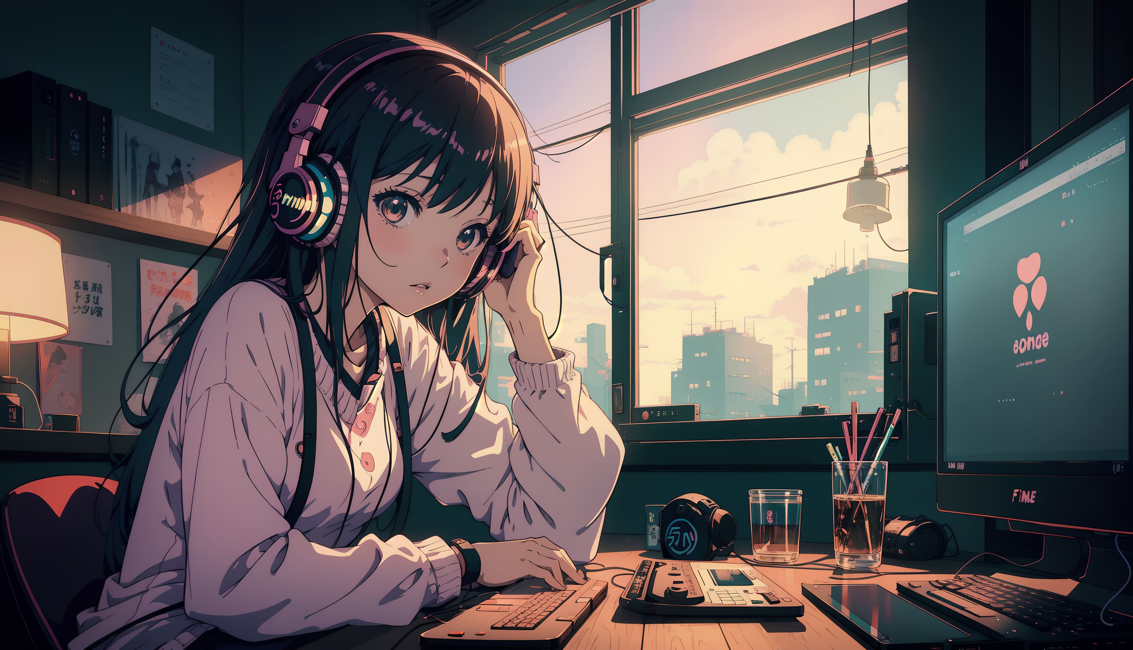 戴耳機的動畫女孩在電腦前工作 壁紙 — 一個戴著耳機的年輕動漫女孩坐在陽光充足的房間裡的書桌前，專注於顯示標誌的電腦。