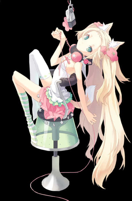 戴耳機的放鬆動畫少女 壁紙 — 一個開心的動漫女孩，有貓耳朵和長長的金色頭髮，坐在凳子上，拿著麥克風，戴著粉紅色耳機。