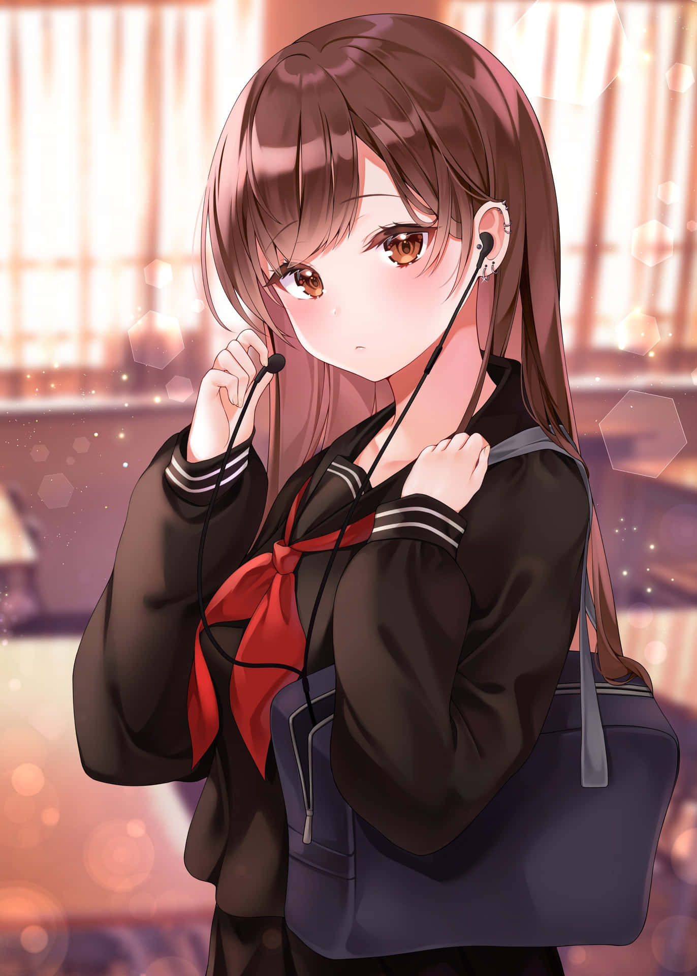 動漫女學生穿著校服，戴著紅色蝴蝶結和耳機，在室內拿著包包。