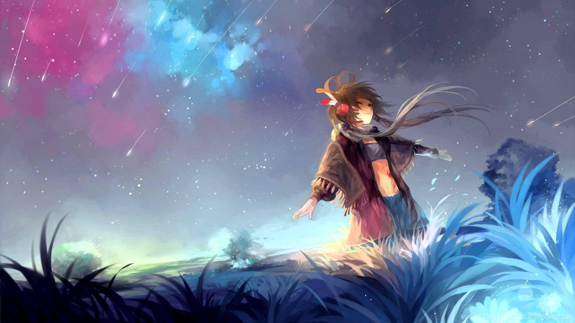 戴耳機的酷炫動漫少女 壁紙 — 一個年輕的動漫女孩站在田野中，頭頂是充滿流星和發光藍草的鮮豔星空。
