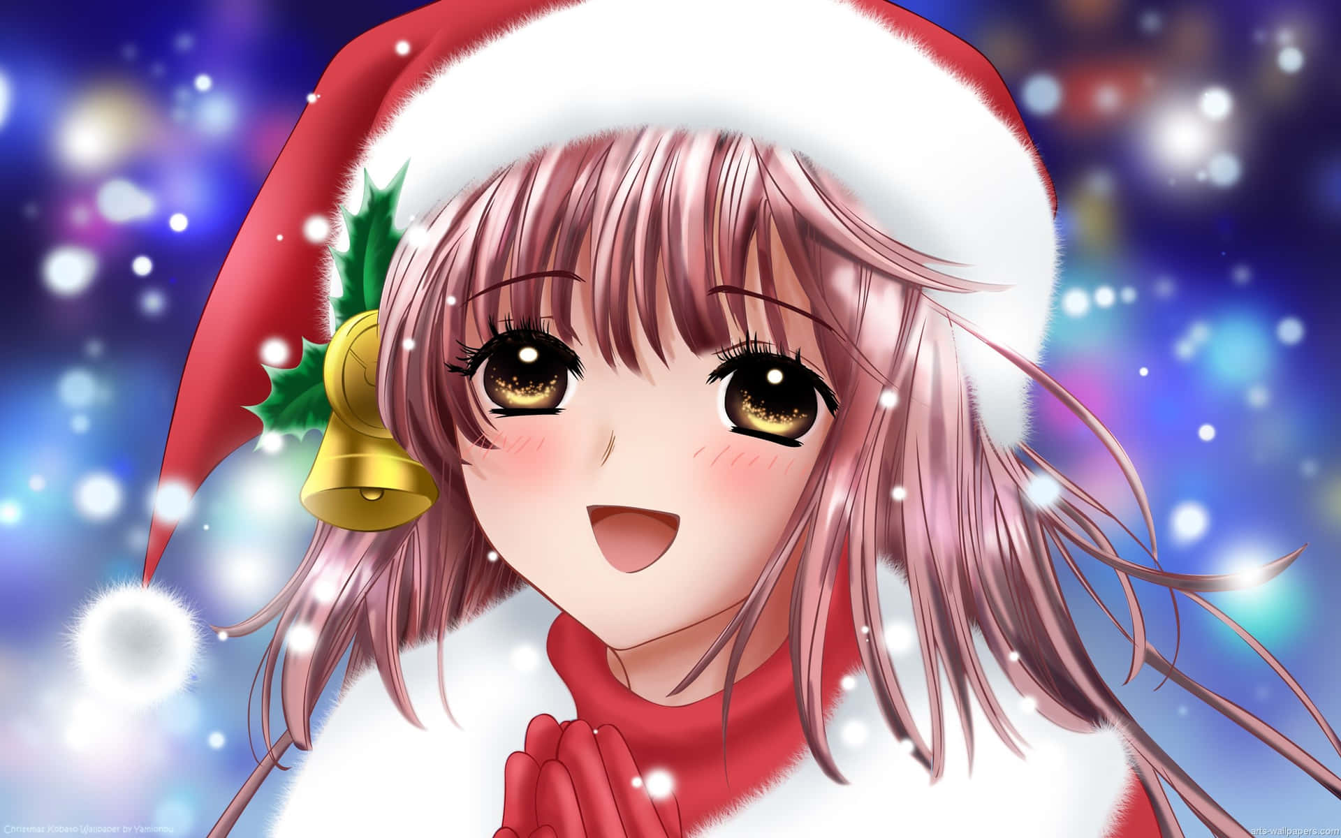 戴聖誕帽的動漫女孩在雪地冬日場景中微笑