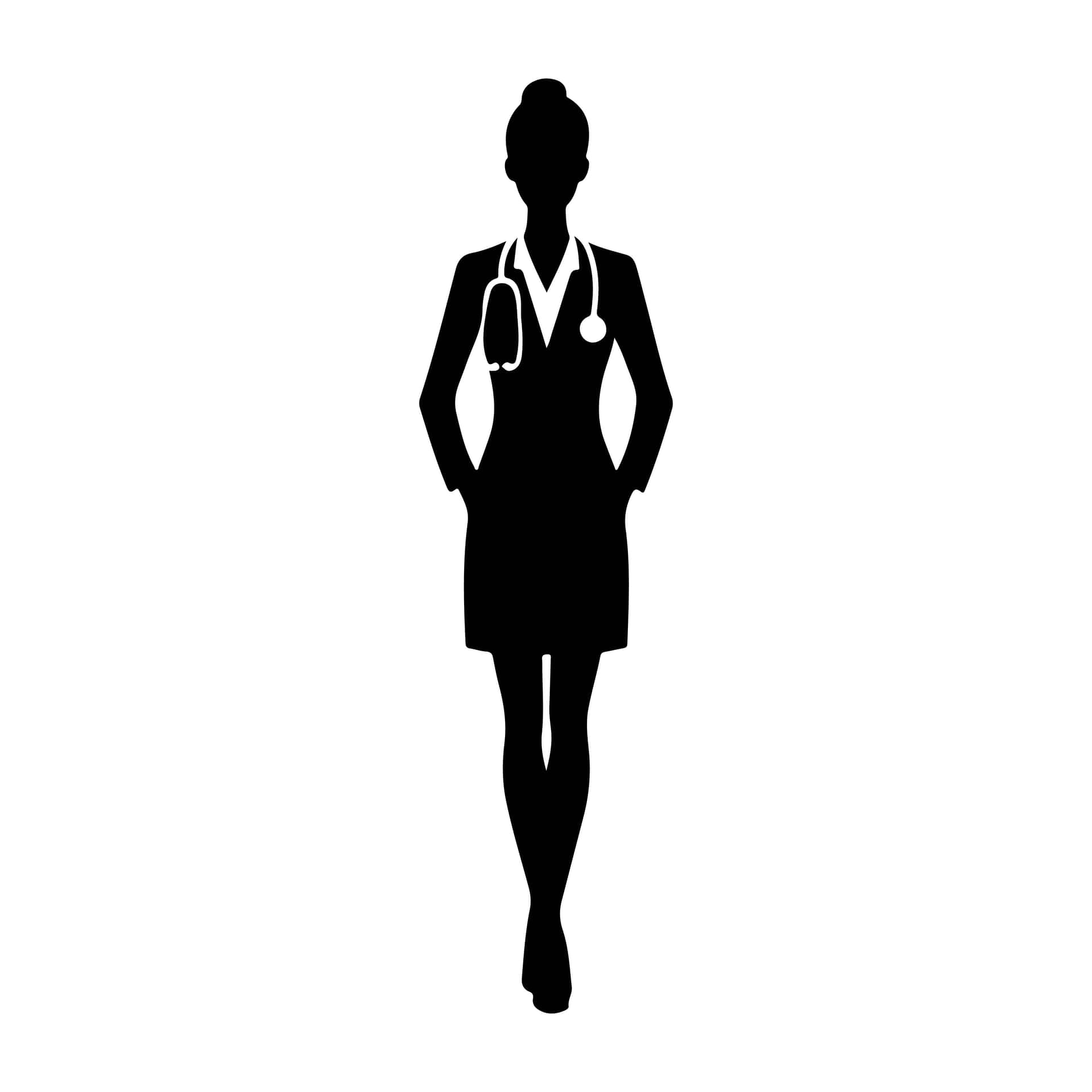 黑色剪影，一個穿著商務西裝的女人站在白色背景前