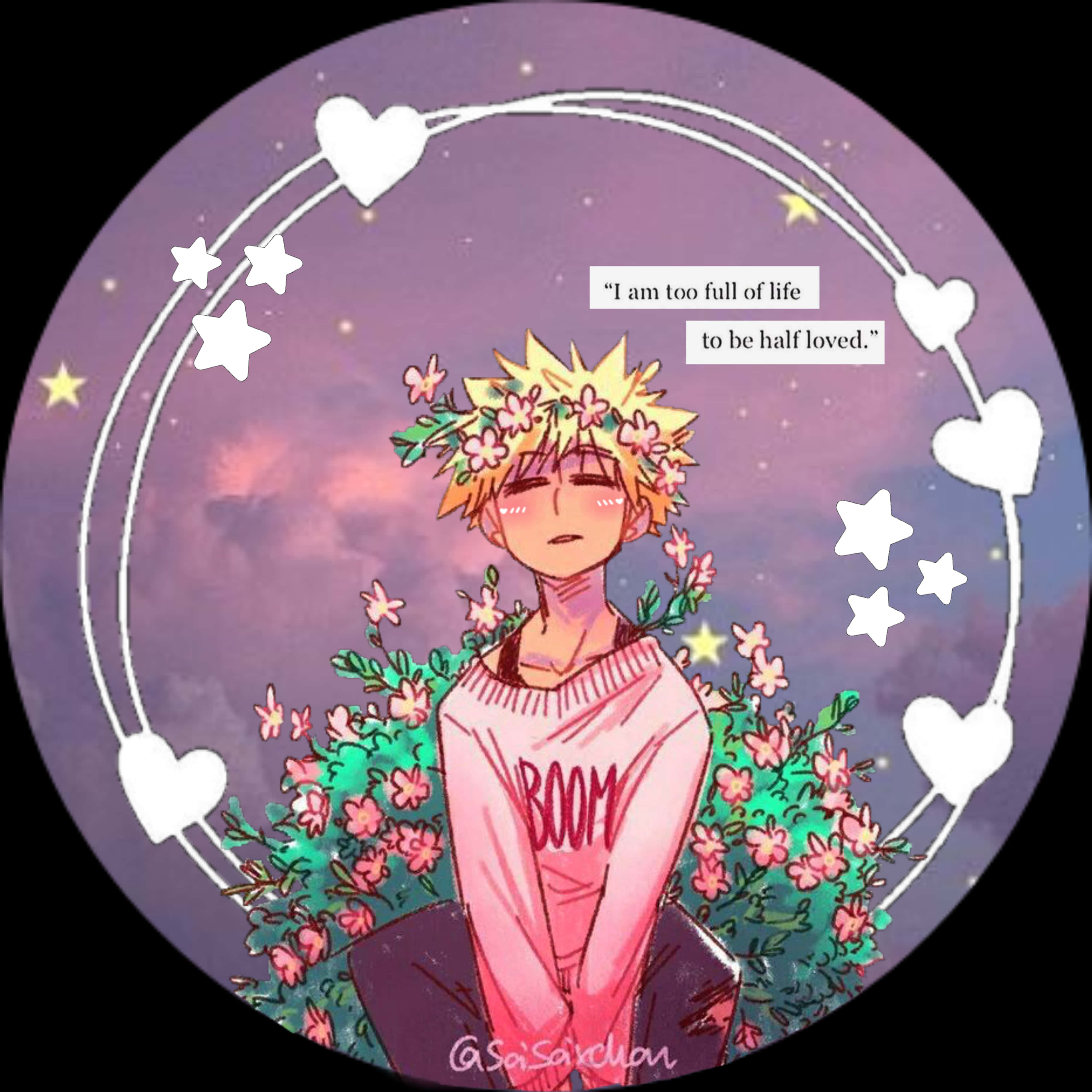 戴花冠動漫角色藝術 壁紙 — 一個開朗的動漫男孩，頭髮尖尖，戴著花冠，坐在粉紅色的花朵中，背景是紫色的星空，周圍環繞著心形和星星。