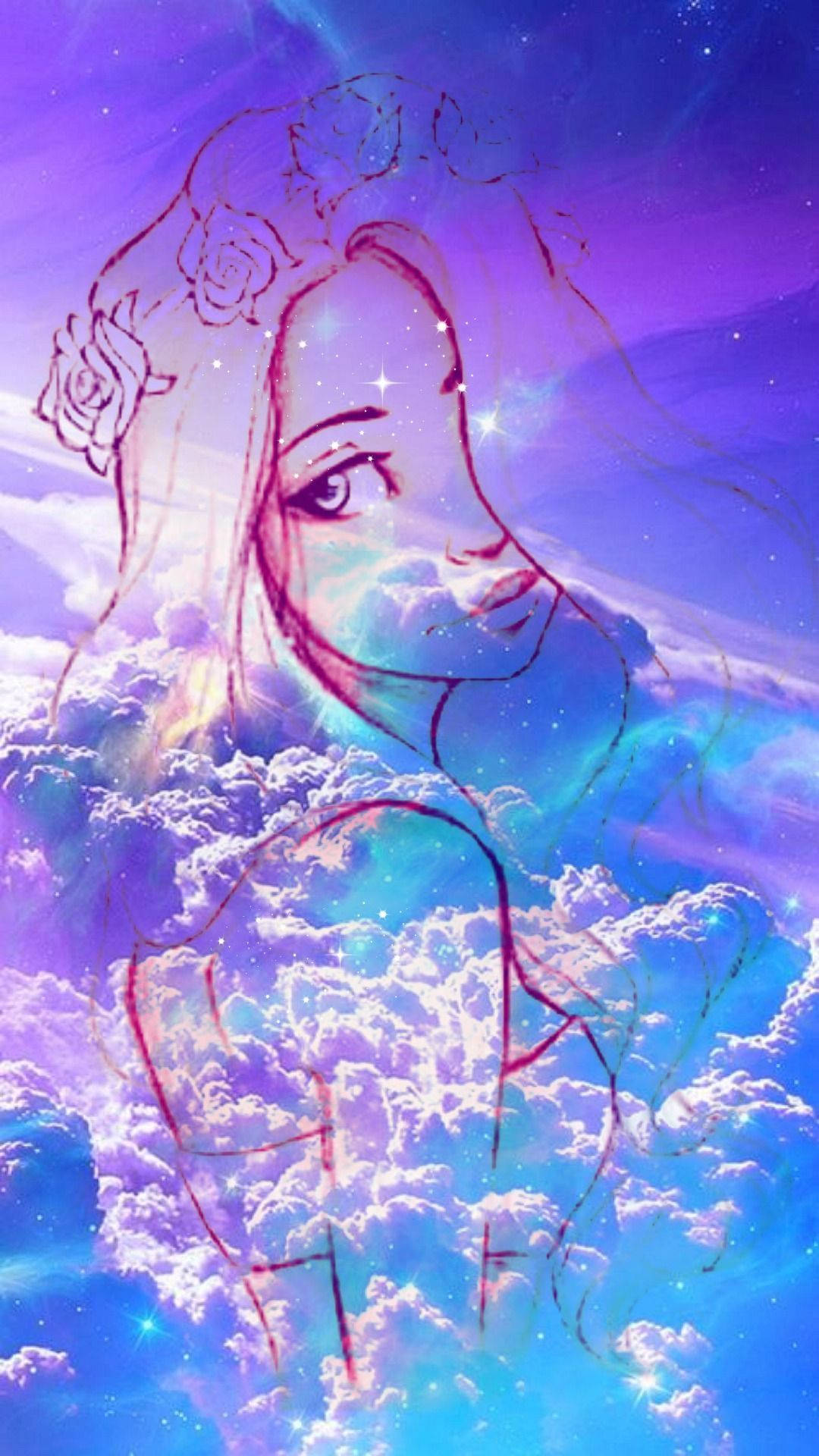 戴著玫瑰皇冠的動漫女孩在星空下漂浮在發光的雲層中。