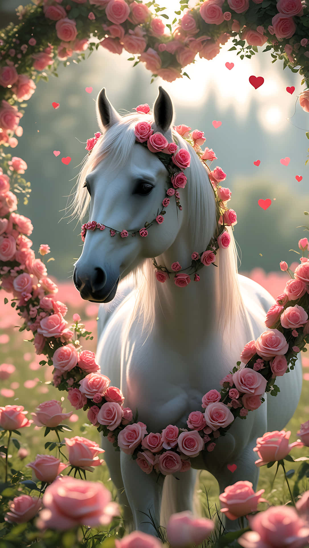 戴花環的可愛馬兒 – 情人節愛心動物壁紙 壁紙 — 一匹純潔的白馬，飾以粉紅玫瑰環，在柔和的金色光芒下，優雅地站在盛開玫瑰的心形拱門內。